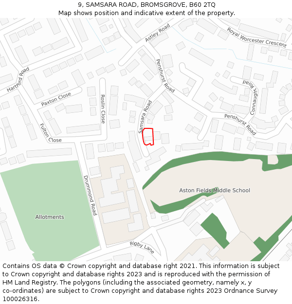 9, SAMSARA ROAD, BROMSGROVE, B60 2TQ: Location map and indicative extent of plot
