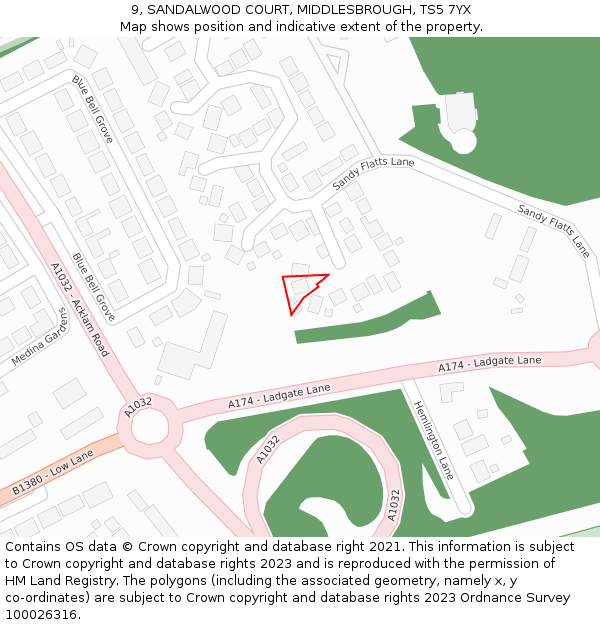 9, SANDALWOOD COURT, MIDDLESBROUGH, TS5 7YX: Location map and indicative extent of plot