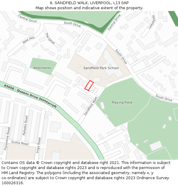 9, SANDFIELD WALK, LIVERPOOL, L13 0AP: Location map and indicative extent of plot