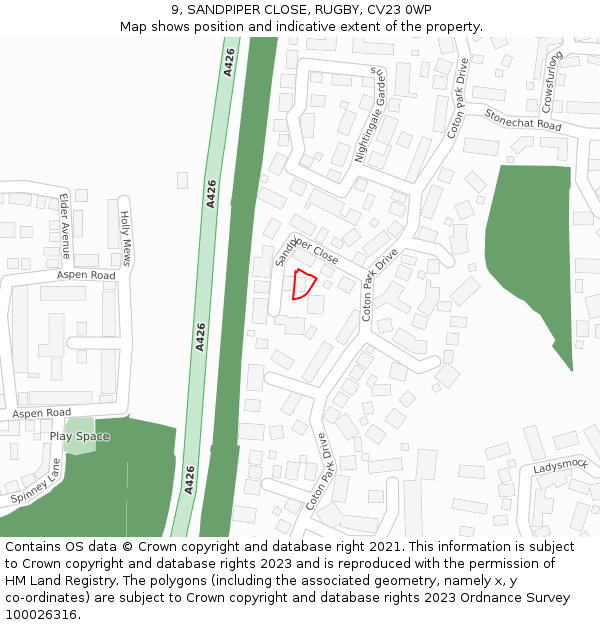 9, SANDPIPER CLOSE, RUGBY, CV23 0WP: Location map and indicative extent of plot