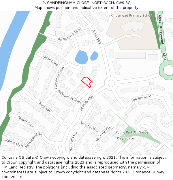 9, SANDRINGHAM CLOSE, NORTHWICH, CW9 8GJ: Location map and indicative extent of plot