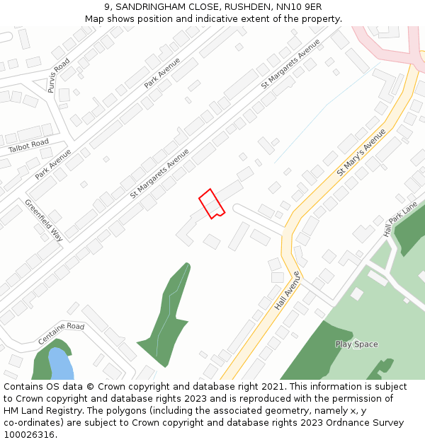 9, SANDRINGHAM CLOSE, RUSHDEN, NN10 9ER: Location map and indicative extent of plot