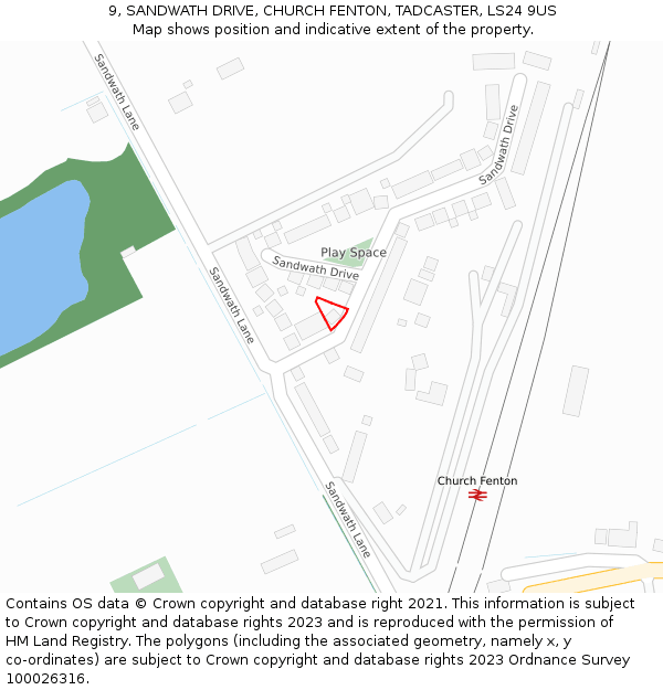 9, SANDWATH DRIVE, CHURCH FENTON, TADCASTER, LS24 9US: Location map and indicative extent of plot