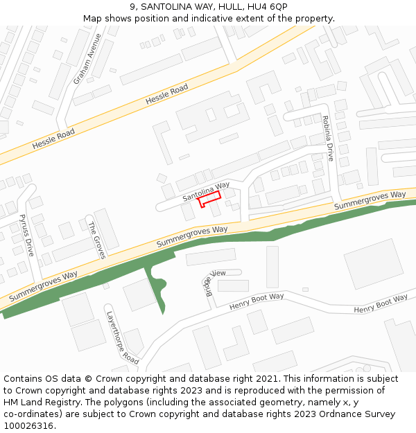 9, SANTOLINA WAY, HULL, HU4 6QP: Location map and indicative extent of plot