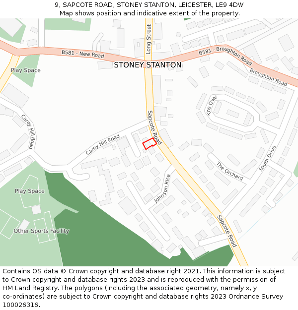 9, SAPCOTE ROAD, STONEY STANTON, LEICESTER, LE9 4DW: Location map and indicative extent of plot