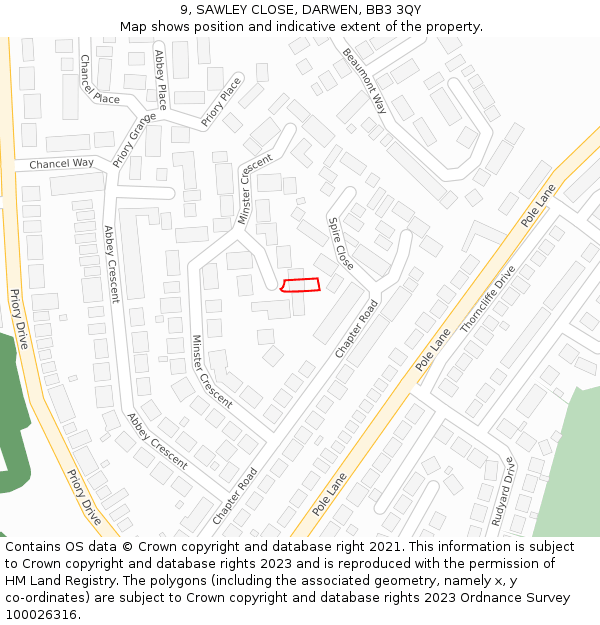 9, SAWLEY CLOSE, DARWEN, BB3 3QY: Location map and indicative extent of plot