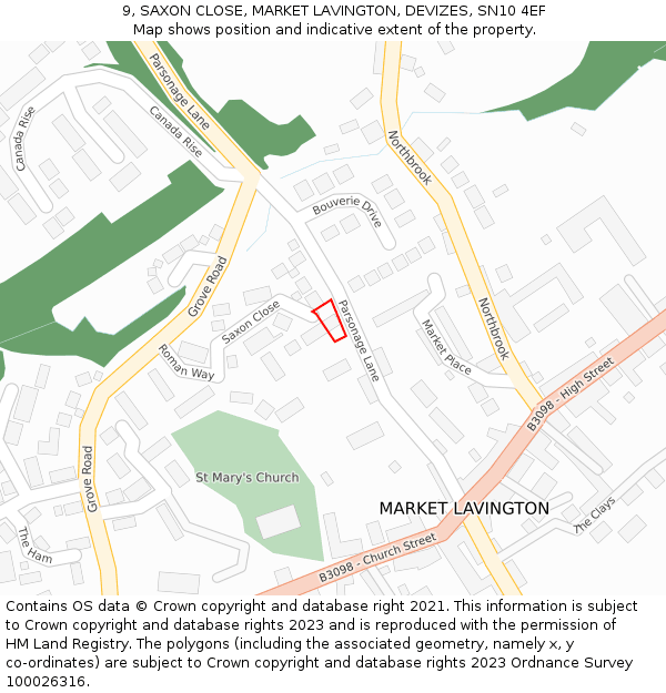 9, SAXON CLOSE, MARKET LAVINGTON, DEVIZES, SN10 4EF: Location map and indicative extent of plot