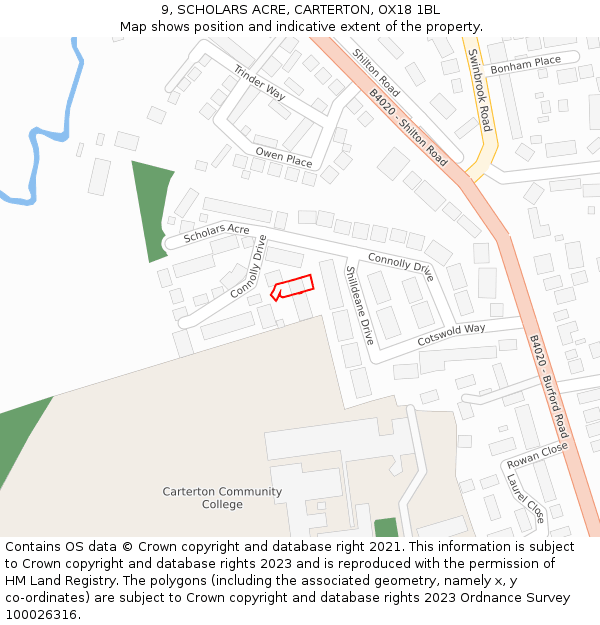 9, SCHOLARS ACRE, CARTERTON, OX18 1BL: Location map and indicative extent of plot