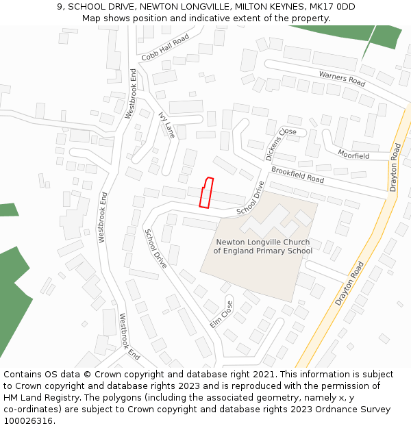 9, SCHOOL DRIVE, NEWTON LONGVILLE, MILTON KEYNES, MK17 0DD: Location map and indicative extent of plot