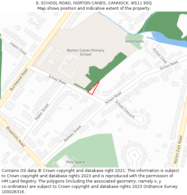 9, SCHOOL ROAD, NORTON CANES, CANNOCK, WS11 9SQ: Location map and indicative extent of plot