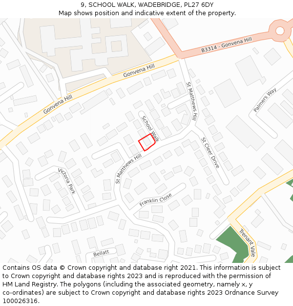 9, SCHOOL WALK, WADEBRIDGE, PL27 6DY: Location map and indicative extent of plot