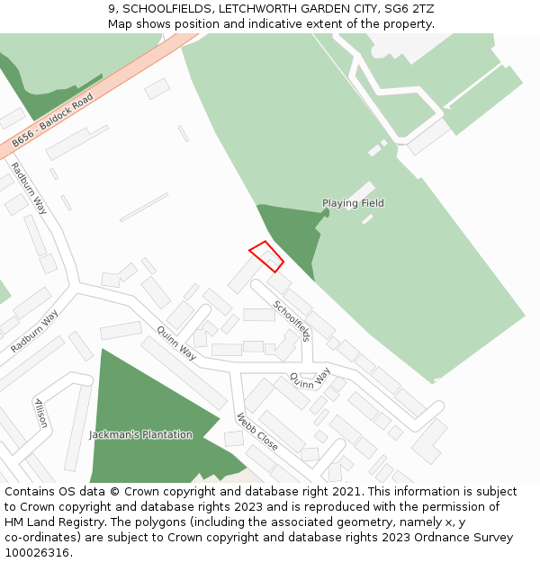 9, SCHOOLFIELDS, LETCHWORTH GARDEN CITY, SG6 2TZ: Location map and indicative extent of plot