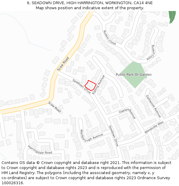 9, SEADOWN DRIVE, HIGH HARRINGTON, WORKINGTON, CA14 4NE: Location map and indicative extent of plot