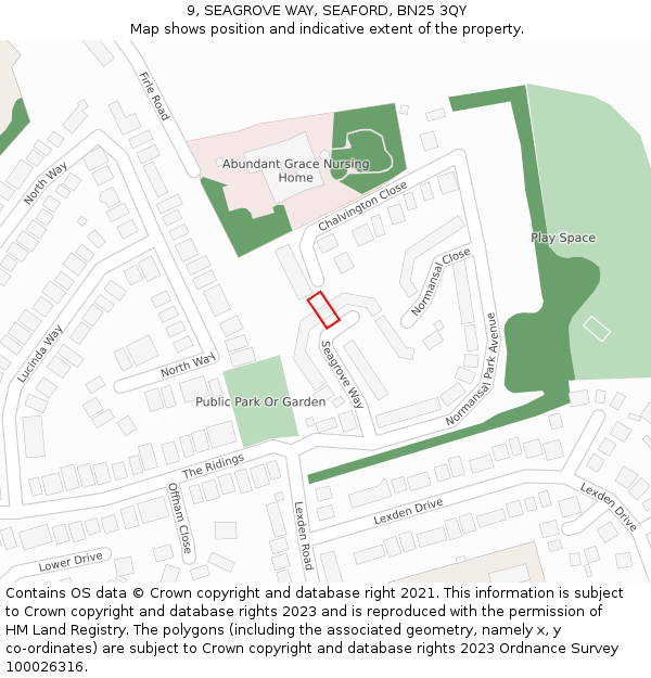 9, SEAGROVE WAY, SEAFORD, BN25 3QY: Location map and indicative extent of plot