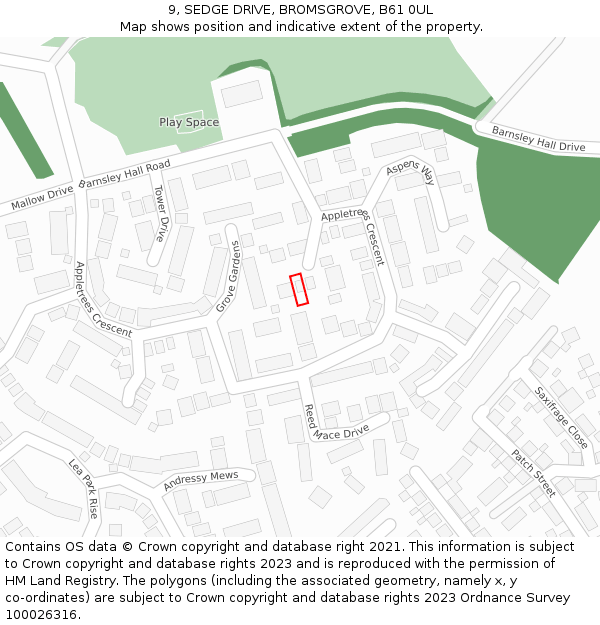 9, SEDGE DRIVE, BROMSGROVE, B61 0UL: Location map and indicative extent of plot