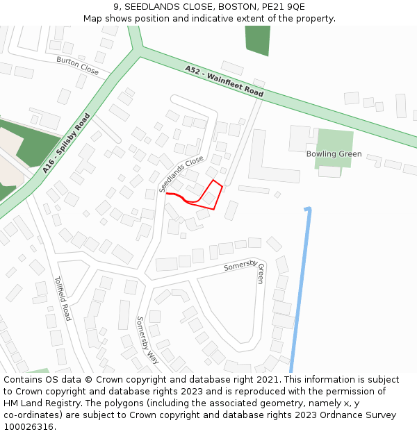 9, SEEDLANDS CLOSE, BOSTON, PE21 9QE: Location map and indicative extent of plot