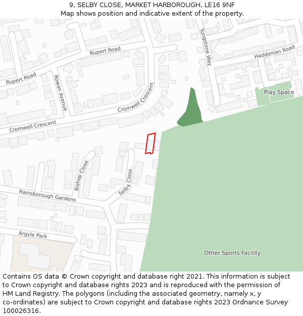 9, SELBY CLOSE, MARKET HARBOROUGH, LE16 9NF: Location map and indicative extent of plot