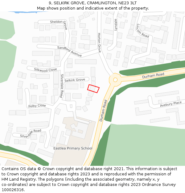 9, SELKIRK GROVE, CRAMLINGTON, NE23 3LT: Location map and indicative extent of plot