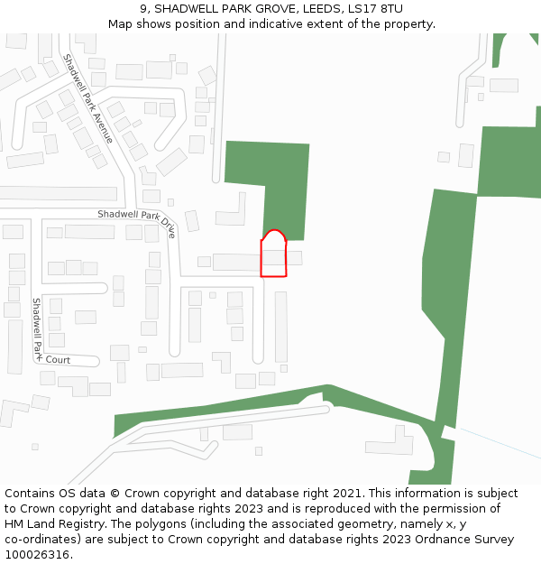 9, SHADWELL PARK GROVE, LEEDS, LS17 8TU: Location map and indicative extent of plot