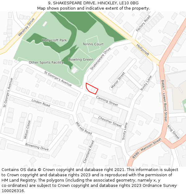 9, SHAKESPEARE DRIVE, HINCKLEY, LE10 0BG: Location map and indicative extent of plot