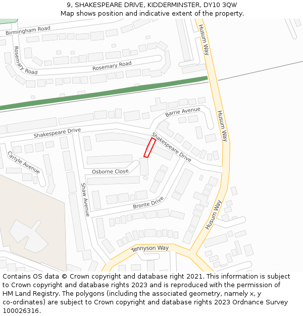 9, SHAKESPEARE DRIVE, KIDDERMINSTER, DY10 3QW: Location map and indicative extent of plot