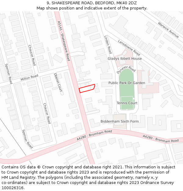 9, SHAKESPEARE ROAD, BEDFORD, MK40 2DZ: Location map and indicative extent of plot