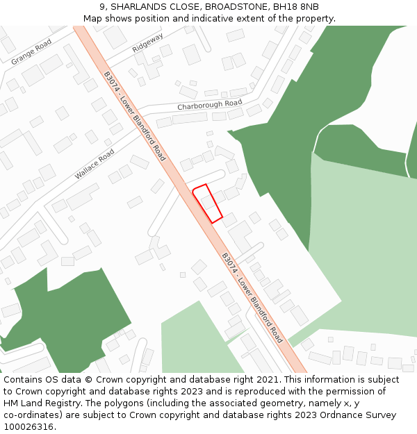 9, SHARLANDS CLOSE, BROADSTONE, BH18 8NB: Location map and indicative extent of plot