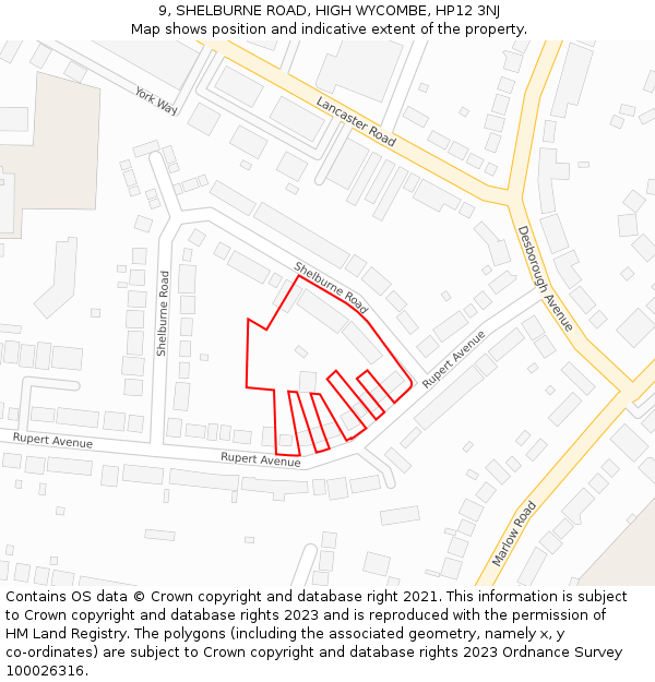 9, SHELBURNE ROAD, HIGH WYCOMBE, HP12 3NJ: Location map and indicative extent of plot