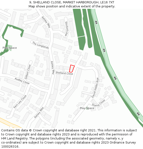 9, SHELLAND CLOSE, MARKET HARBOROUGH, LE16 7XT: Location map and indicative extent of plot