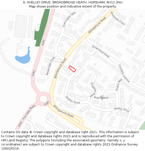 9, SHELLEY DRIVE, BROADBRIDGE HEATH, HORSHAM, RH12 3NU: Location map and indicative extent of plot