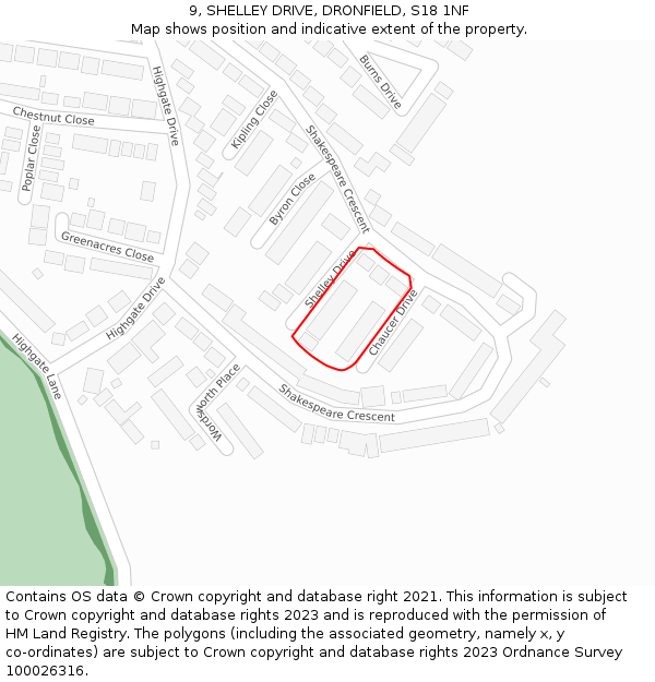 9, SHELLEY DRIVE, DRONFIELD, S18 1NF: Location map and indicative extent of plot
