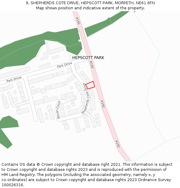 9, SHEPHERDS COTE DRIVE, HEPSCOTT PARK, MORPETH, NE61 6FN: Location map and indicative extent of plot