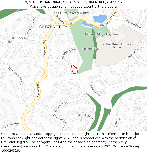 9, SHERINGHAM DRIVE, GREAT NOTLEY, BRAINTREE, CM77 7FY: Location map and indicative extent of plot