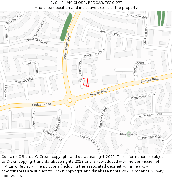 9, SHIPHAM CLOSE, REDCAR, TS10 2RT: Location map and indicative extent of plot