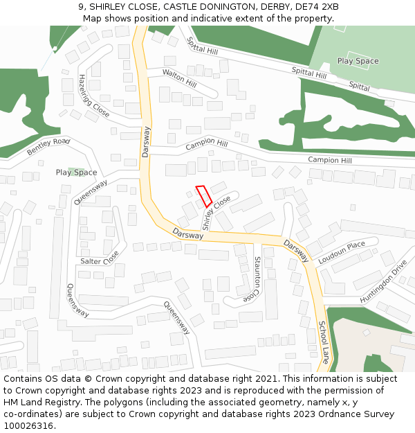 9, SHIRLEY CLOSE, CASTLE DONINGTON, DERBY, DE74 2XB: Location map and indicative extent of plot