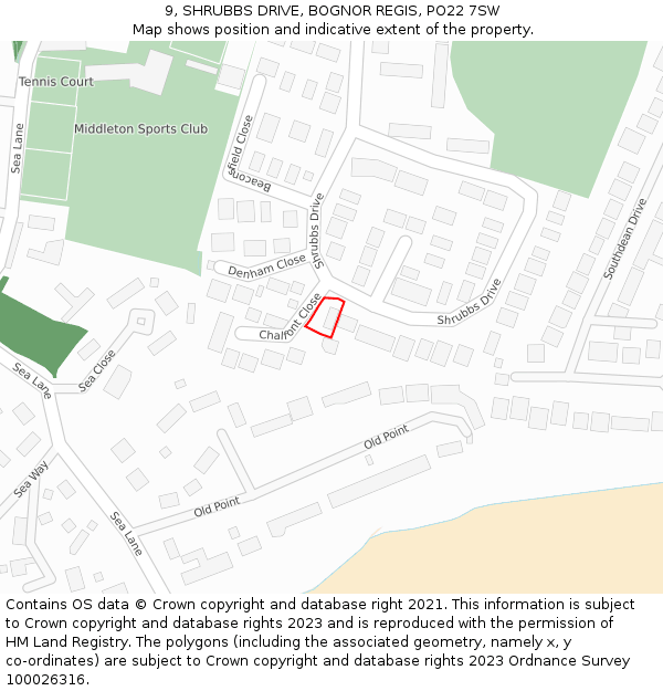 9, SHRUBBS DRIVE, BOGNOR REGIS, PO22 7SW: Location map and indicative extent of plot