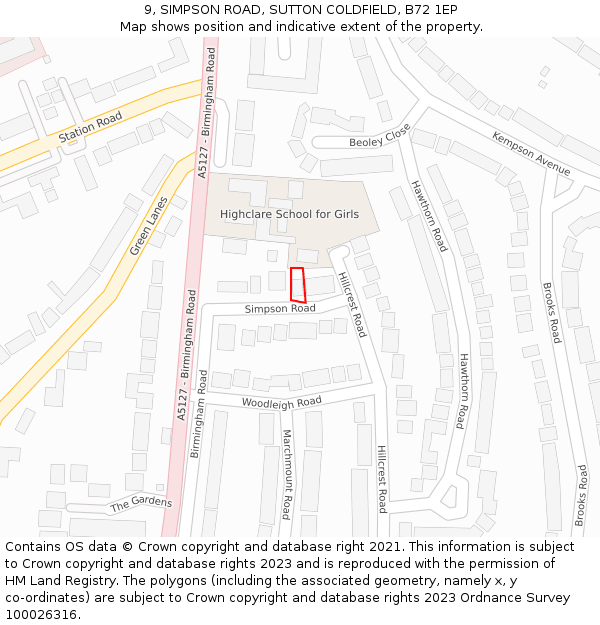 9, SIMPSON ROAD, SUTTON COLDFIELD, B72 1EP: Location map and indicative extent of plot