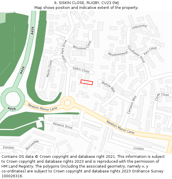 9, SISKIN CLOSE, RUGBY, CV23 0WJ: Location map and indicative extent of plot