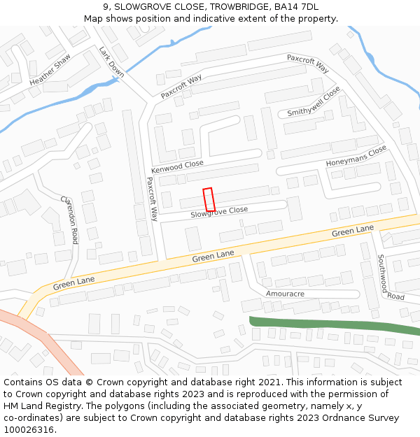 9, SLOWGROVE CLOSE, TROWBRIDGE, BA14 7DL: Location map and indicative extent of plot