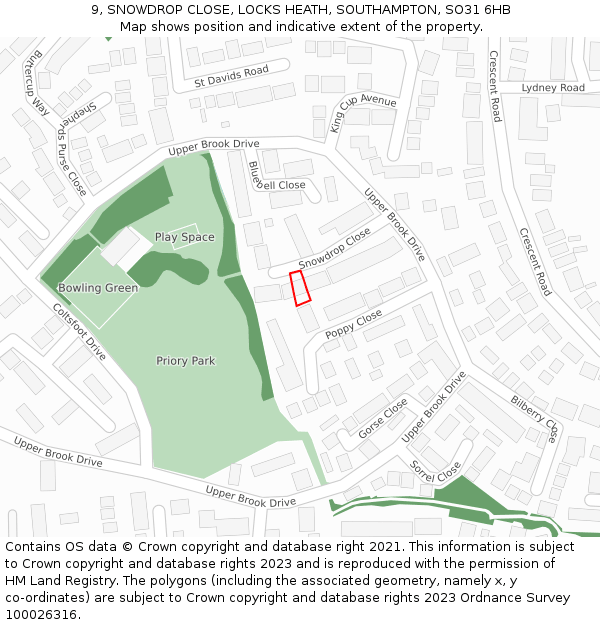 9, SNOWDROP CLOSE, LOCKS HEATH, SOUTHAMPTON, SO31 6HB: Location map and indicative extent of plot