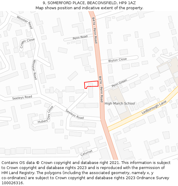 9, SOMERFORD PLACE, BEACONSFIELD, HP9 1AZ: Location map and indicative extent of plot