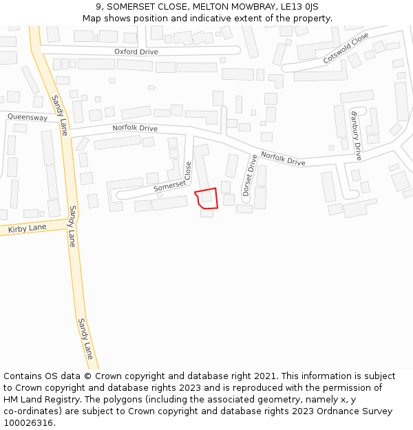 9, SOMERSET CLOSE, MELTON MOWBRAY, LE13 0JS: Location map and indicative extent of plot