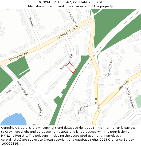 9, SOMERVILLE ROAD, COBHAM, KT11 2QT: Location map and indicative extent of plot