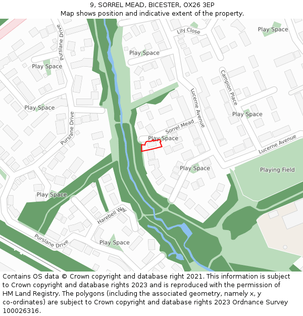 9, SORREL MEAD, BICESTER, OX26 3EP: Location map and indicative extent of plot