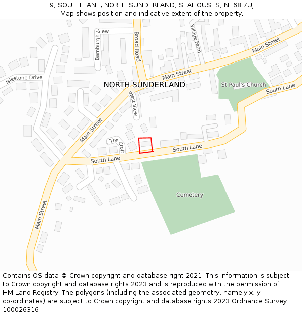 9, SOUTH LANE, NORTH SUNDERLAND, SEAHOUSES, NE68 7UJ: Location map and indicative extent of plot