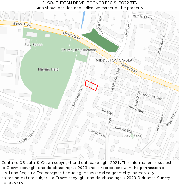 9, SOUTHDEAN DRIVE, BOGNOR REGIS, PO22 7TA: Location map and indicative extent of plot