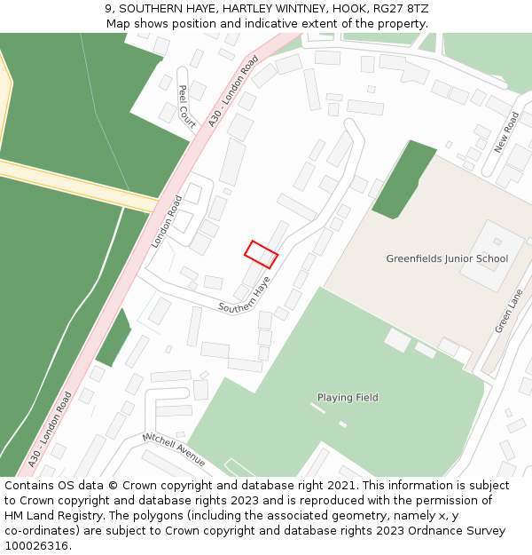 9, SOUTHERN HAYE, HARTLEY WINTNEY, HOOK, RG27 8TZ: Location map and indicative extent of plot