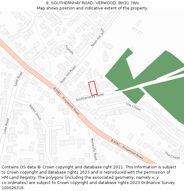 9, SOUTHERNHAY ROAD, VERWOOD, BH31 7AN: Location map and indicative extent of plot