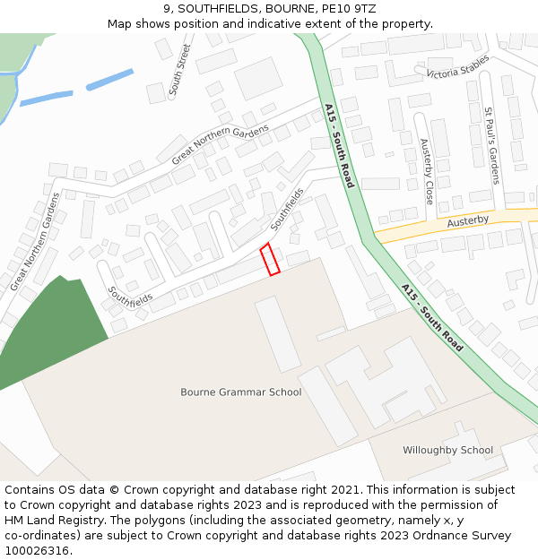 9, SOUTHFIELDS, BOURNE, PE10 9TZ: Location map and indicative extent of plot
