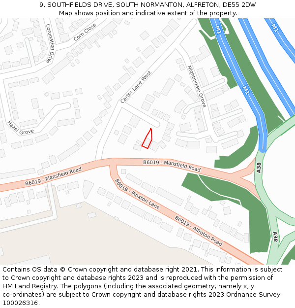 9, SOUTHFIELDS DRIVE, SOUTH NORMANTON, ALFRETON, DE55 2DW: Location map and indicative extent of plot